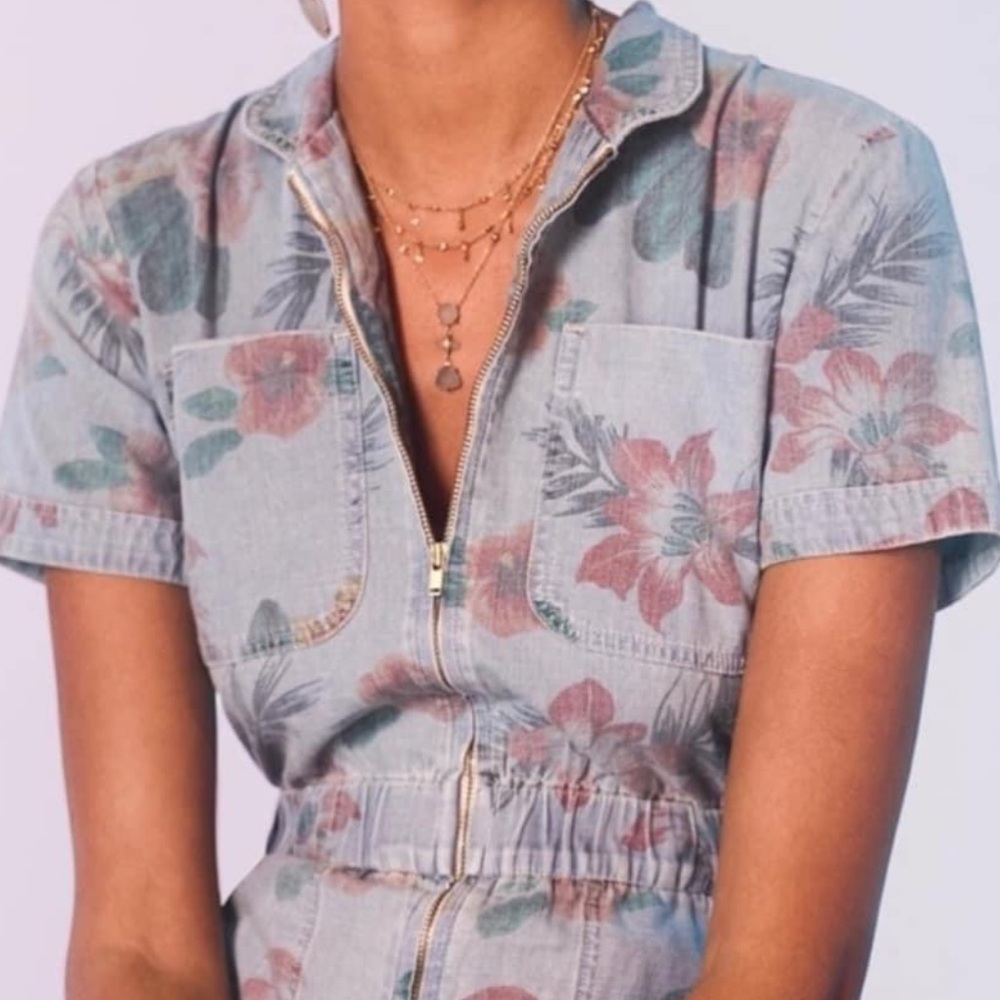 MOTHER Floral Print Denim Jumpsuit